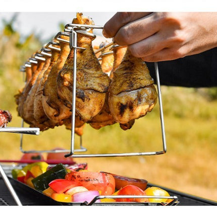 Portable Grilling Basket Mesh Clip 14 Slot Stainless Steel BBQ Rib Shelf Non-Stick Barbecue Chicken Wing Leg Rack