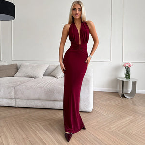 Women’s V-Neck Halter Backless Pleated High Waist Dress