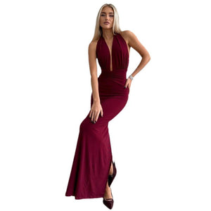 Women’s V-Neck Halter Backless Pleated High Waist Dress